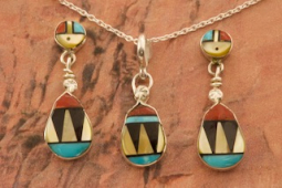 Zuni Indian Jewelry Genuine Gemstones Sterling Silver Pendant and Earrings Set